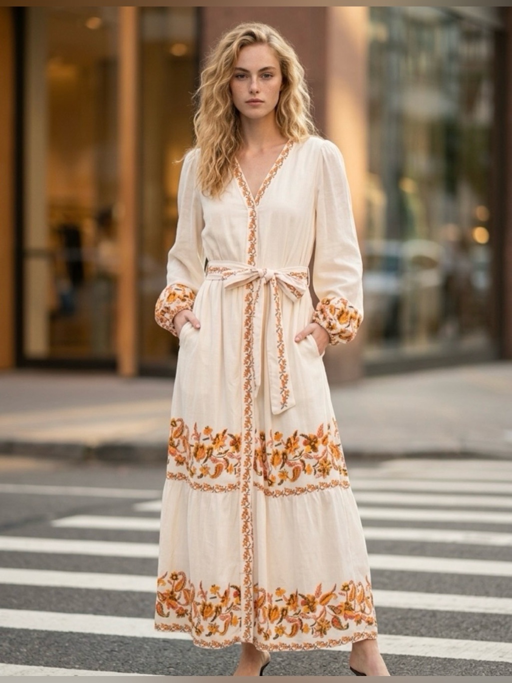 Nwt Lea Floral Border Maxi Dress With A V-Neckline And Tie Waist. Size Small.